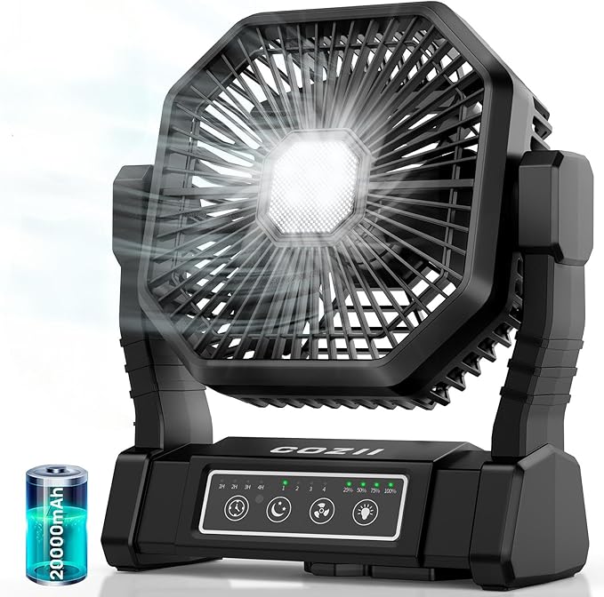 COZII Battery Operated Fan, 20000mAh Rechargeable Portable Fan with LED Lantern - 3 Colors, 4 Speeds, 4 Timing, Adjustable Head with Hook, Camping Fan for Table, BBQ, Beach, Hiking, Travel