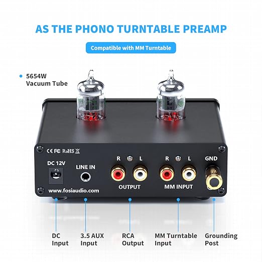 Fosi Audio Box X4 Phono Preamp with JAN 5725W Vacuum Tubes for MM Turntable Phonograph Record Player with Volume Bass Treble Control