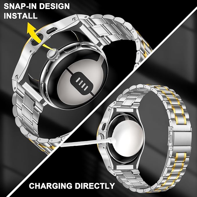 SUPLINK Stainless Steel Case and Bands Compatible with Google Pixel Watch 3 45mm Band for Men, Metal Case Adjustable Wristbands for Pixel Watch 3 Accessories Replacement Straps- Silver/Gold