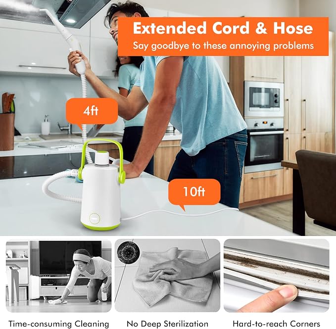 LDAILY Handheld Steam Cleaner, 1000W Portable Pressurized Steamer, Multipurpose Steam Cleaning Machine for Kitchen, Garment, Floor, Window, 300ml (10.2oz) Water Tank, 10 Accessories Included, Portable Heavy Duty Steamer (Green)
