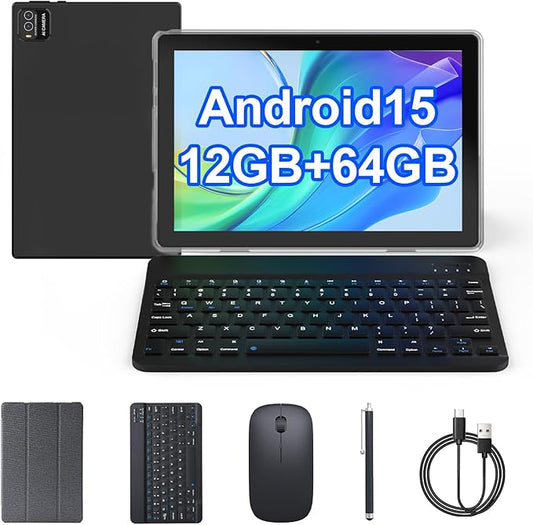 COOPERS Tablet Android 15, 10 inch Tablet 12GB RAM+64GB ROM Max 1TB, 1.8Ghz Quad-core Processor, 5G WiFi6, 6000mAh Battery Dual Camera, 2 in1 Tablets with Keyboard Case Mouse Stylus, Widevine L1 Black