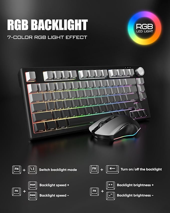 RedThunder K75 Wireless Membrane Keyboard & Mouse Combo,75% Side-Engraved Keycaps,Optical Gaming Mouse with 4800DPI,3 Modes(BT/2.4G/Wired),Dual System,RGB Backlit,Rechargeable Battery,Gradient Gray