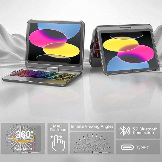 HOTLIFE for iPad A16 11th Generation/10th Generation Case with Keyboard,Touch Keyboard for iPad 11" /10th Gen 10.9 inch 2022-10 Color Backlight, 360° Rotatable Protective Cover (Titanium Gold Grey)