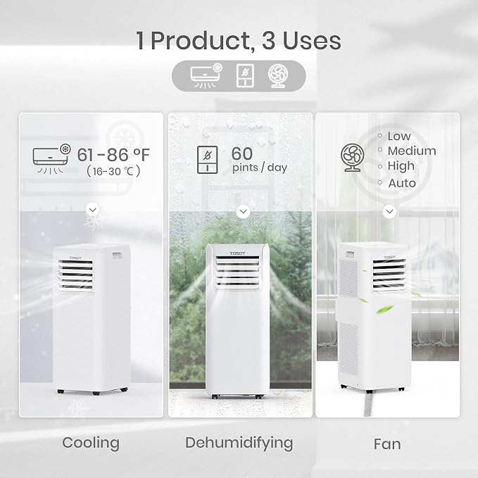 TOSOT 9,500 BTU Air Conditioner Easier to Install, Quiet and 3-in-1 Portable AC, Dehumidifier, Fan for Rooms Up to 300 sq ft, Aovia Series, White