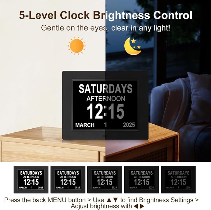 KASTISS 8 Inch Digital Calendar Alarm Day Clock, Large Digital Clock Easy-to-Read, Impaired Vision People, 12 Customizable Alarms, Dementia, Alzheimer’s, Elderly Care & Bedroom/Kitchen (Black)