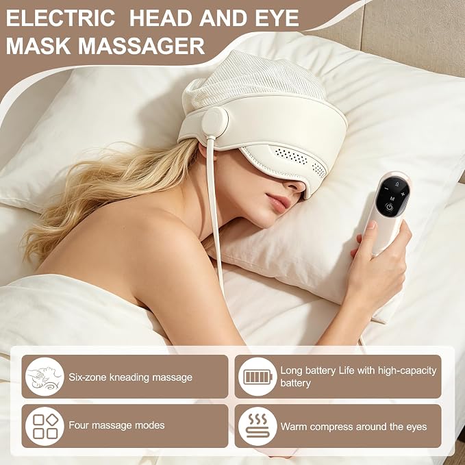 Electric Head Massager for Headaches，Electric Rechargeable Head and Eye Massage Tool with 3 Heat Levels，6-Zone Kneading Temple Massager, Migraine Relief Massager for Forehead，4 Massage Modes (White)