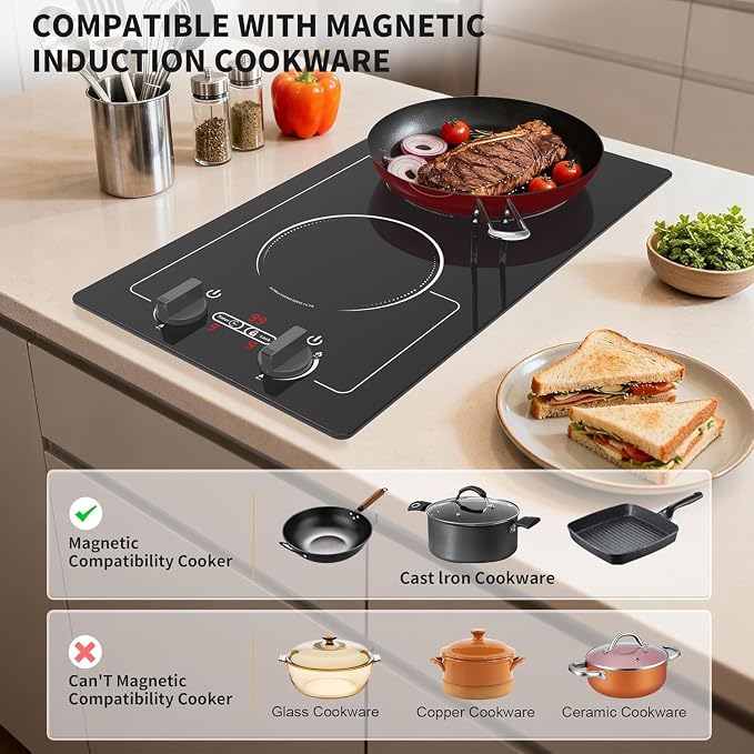 VBGK 2 burner Induction cooktop,110V 2300W double burner hot plate with LED Touch Screen, 9 Power Levels, Kids Lock & Timer, Overheat Protection, knob and touch control Double Induction Cooktop