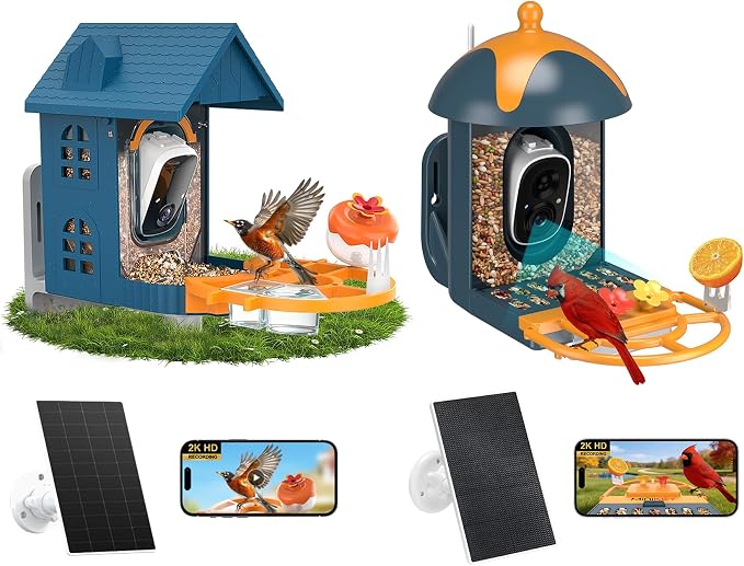 Smart Bird Feeder with Camera Outdoor Birdhouse: AI Identifies 11000+ Species, 2K HD with Arrival Alerts, Attracts Hummingbirds, Solar Powered
