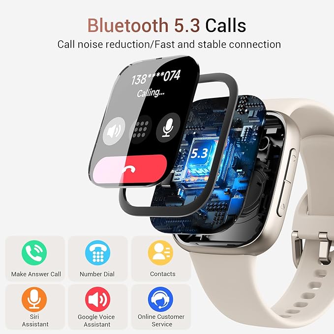 Tensky Smart Watch for Men/Women iPhone & Android, 1.85" AMOLED Screen Fitness Tracker with Bluetooth Call, 3ATM Waterproof 24/7 Heart Rate/Sleep/SpO2 Monitor, Pedometer, 120+ Sport Modes, White