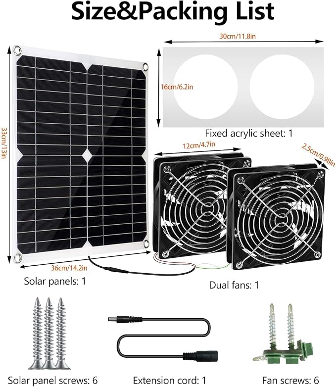Solar Powered Fan, 25W Solar Fan for Chicken Coop, Solar Exhaust Fan for Greenhouse, Shed, Pet Houses, Outside with Two 5In IP65 Waterproof Fans, 10Ft Cable, On/Off Switch, Intake or Exhaust