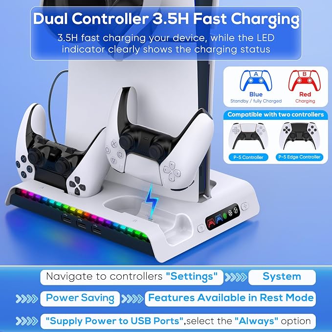 FASTSNAIL Charging Stand with Cooling Fan for PS5 Pro/Slim Console, Vertical Controller Charger Station with 9 RGB Lights & Headset Hook & 3-Level Silent Fan, Cooler Accessories for PS5 Pro/Slim
