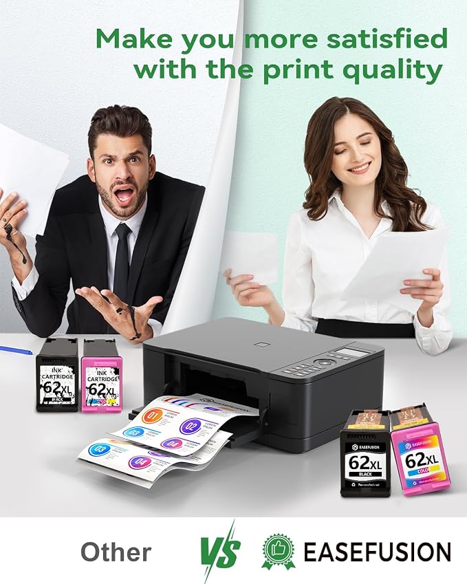 EaseFusion 62XL Ink Cartridges Black and Color Remanufactured Replacement for HP Ink 62 HP62XL Combo Pack Compatible with Envy 7640 5660 5540 7645 5740 5746 OfficeJet 250 200 Mobile Printer, 2-Pack