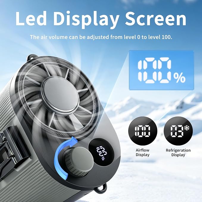 Wupsao Personal Portable Waist Fan with LED Display, Cool Clip Fan, Wearable with Ice-Cooling Plate, 8.2m/s Strong Wind 100-Speed Neck Fan, 4000mAh Body Cooling Products,(black)