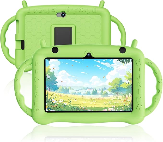 7 inch Tablet for Kids 2-10, Educational Learning Toddler Tablet Android 12 with Shockproof Case, 2GB RAM+32GB ROM, Parental Control, Dual Camera, Gift for Boy Girl（Green）