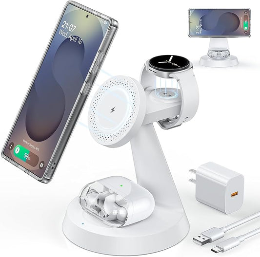 Meifigno Magnetic Wireless Charger for Samsung, 3 in 1 Charging Station Compatible with MagSafe Samsung Charger for Galaxy S26 Ultra S25 Z Fold7/Flip7, Charger Stand for Galaxy Watch Ultra 8 7, White