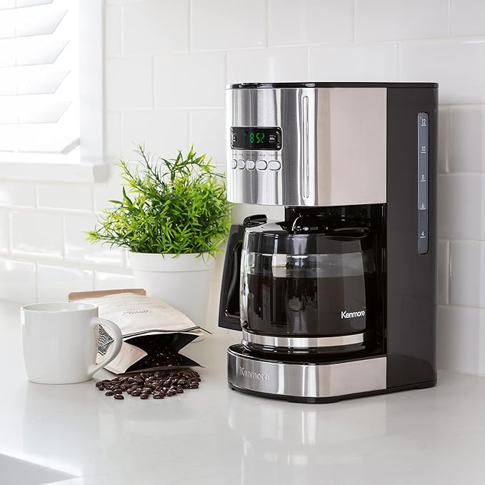 Kenmore Drip Coffee Maker - 12 Cup Programmable Cafe Machine With Glass Pot, Regular & Bold Brew, Auto Shut Off Large Water Reservoir, Reusable Filter, Kitchen Appliances For Cafeteria Barista, Black