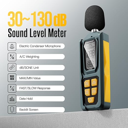 Decibel Meter, Goldeep SL750A Digital Sound Level Meter 30-130dB, A/C Weighted DB Meter with dB/SONE, Fast/Slow, MAX/MIN, LCD Sound Meter for Home, Office, Factory, Neighbor Noise - Ginger Yellow