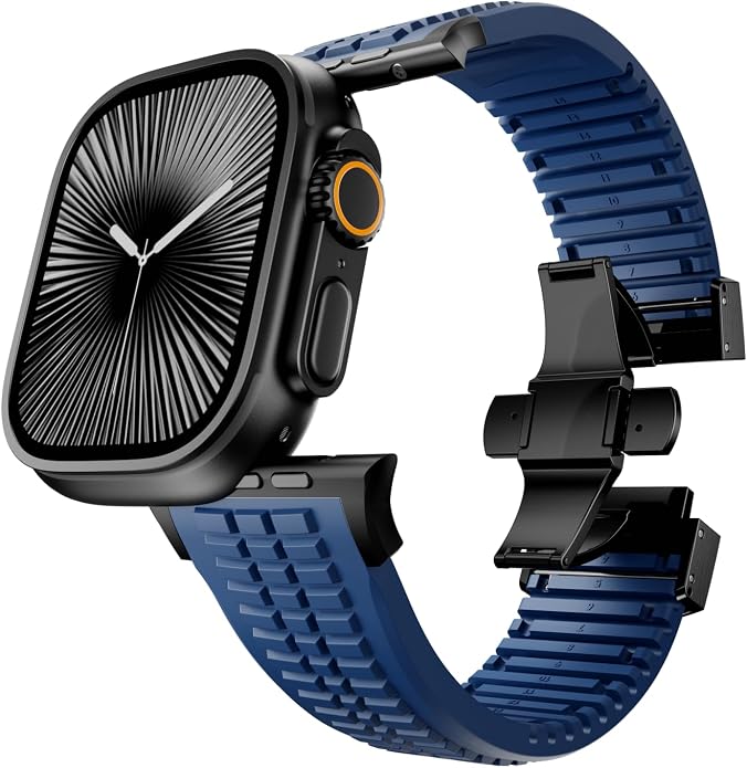 Silicone Watch Band Compatible with iWatch Ultra 2 / Ultra/Series 10 9 8 7 (44mm 45mm 46mm 49mm), Sport bands with Folding buckle, Rugged Heavy Duty Modern Design for Men