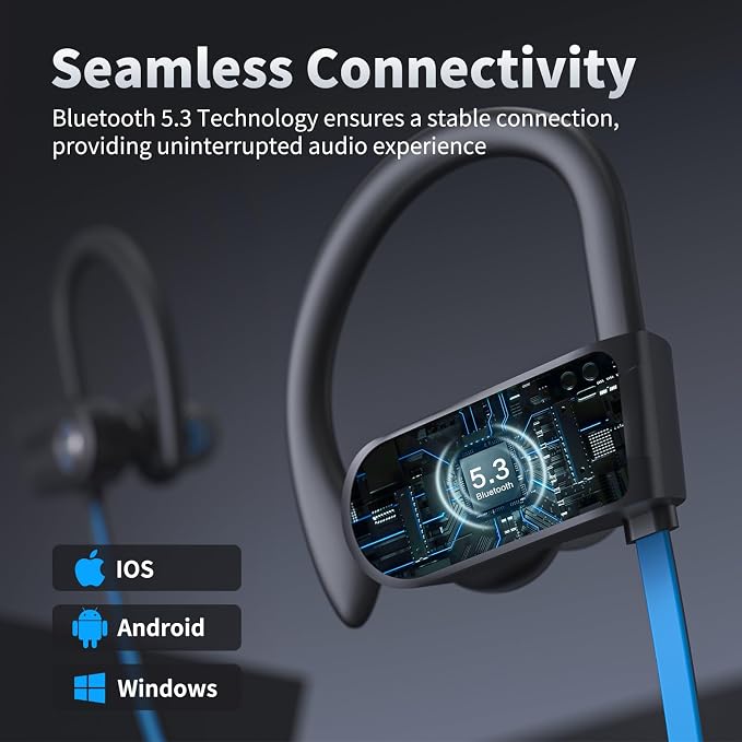 JOYWISE Wireless Headphones Bluetooth 5.3 Headphones with 16 Hours Playtime, Over-Ear Stereo Bass Earphones with Earhooks Headset, Sports Earbuds with Storage Bag for Running, Blue