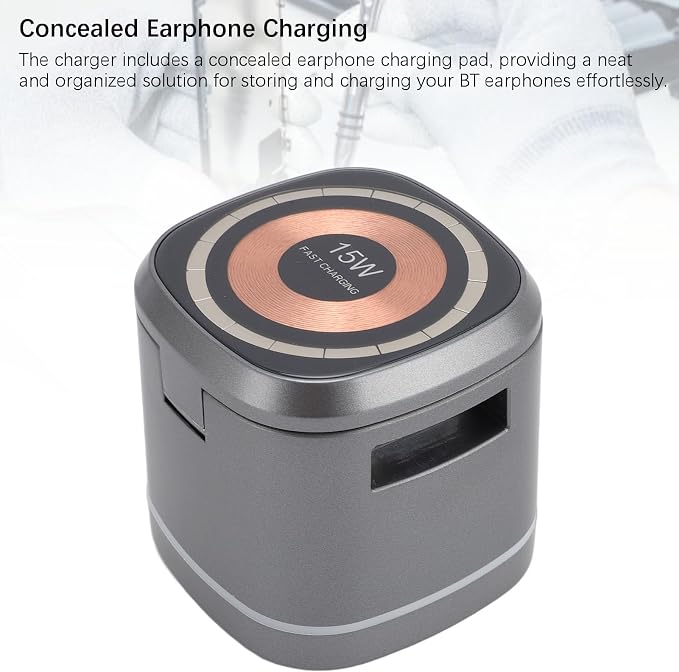Wireless Charger, 3 in 1 Fast Charging Station 15W Output, Strong Magnetic Alignment, Hidden Earbud Pad for Smartphone, Smartwatch, Earphones