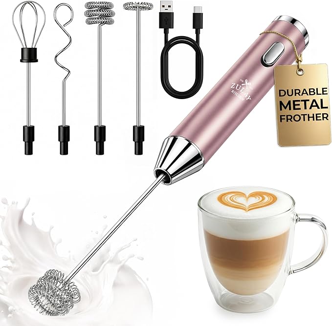 Zulay Kitchen Rechargeable Milk Frother Handheld - Frother Wand, Drink Mixer, Electric Whisk Frother, for Cappuccinos, Matcha & Protein Powder - Ultra Metal 4 Whisk, 1800mAh Pink