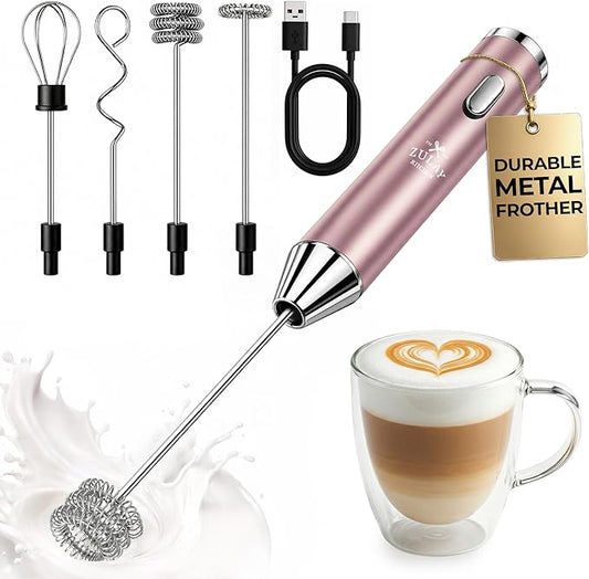 Zulay Kitchen Rechargeable Milk Frother Handheld - Frother Wand, Drink Mixer, Electric Whisk Frother, for Cappuccinos, Matcha & Protein Powder - Ultra Metal 4 Whisk, 1800mAh Pink