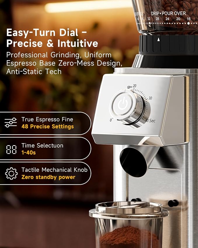IAGREEA Conical Burr Coffee Grinder, 48 Grind Settings, 450RPM Low-Speed Anti-Static, Precision Timer, Portafilter Holder for Espresso, Drip, French Press, Cold Brew, Stainless Steel