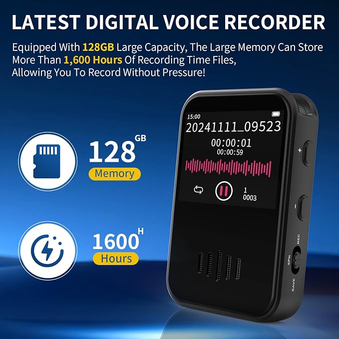 128GB(1600 Hours) Voice Recorder with Visual Screen,2025 Upgrade Tape Recorder with Ai-Triple Noise Reduction,Voice Activated Recorder,Small Voice Recorder,Portable Audio Recorder for Work,Study