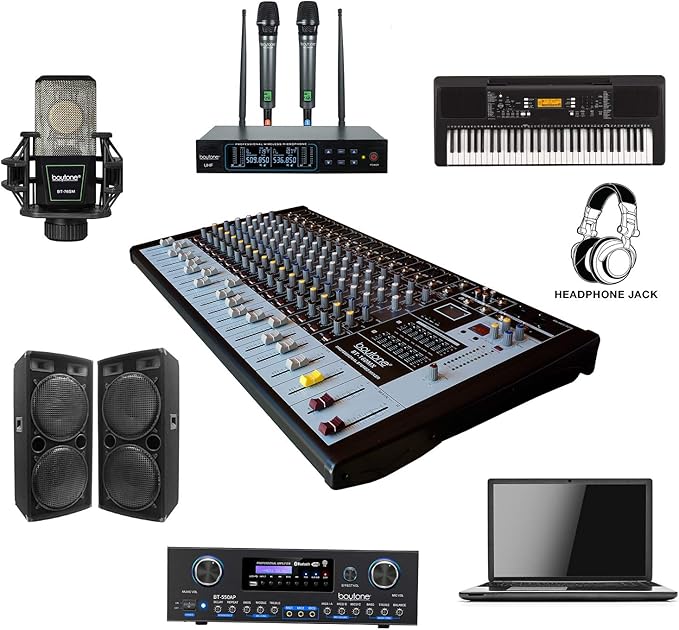 Boytone 12-Channel Professional Bluetooth Audio Mixer, PC Recording, 16 DSP Effects, 48V Phantom Power, 11 Mic Jack, DJ Stereo Input Soundboard Studio Controller, 14 Band EQ, RCA, Unpowered (BT-122MX)