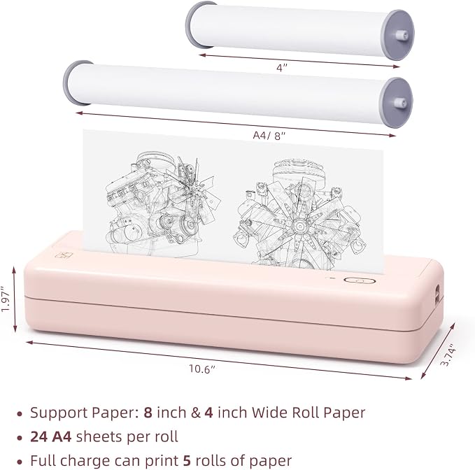 HPRT Wireless Portable Printer - Bluetooth Thermal Printer for Travel, Mobile Office, School, Home Compatible with iOS Android,Pink