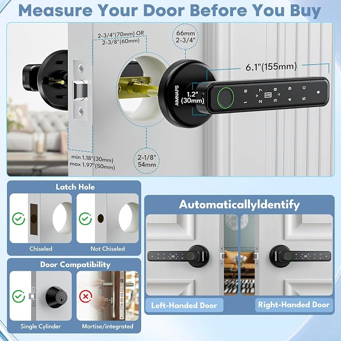 Fingerprint Door Lock, Door Locks for Bedroom, Keyless Entry Door Knob with Handle,Generate Passcode App Remotely-Smart Door Lock for Apartment, Office-Black