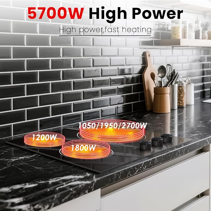 Electric Cooktop 24 Inch - 5700W 3 Burner Electric Stove with Knob Conrol, 220-240V Electrics Stove Top 24'', Built-in, Automatic Shutdown & 9 Heating Levels, Residual Heat Warning, Hard Wire