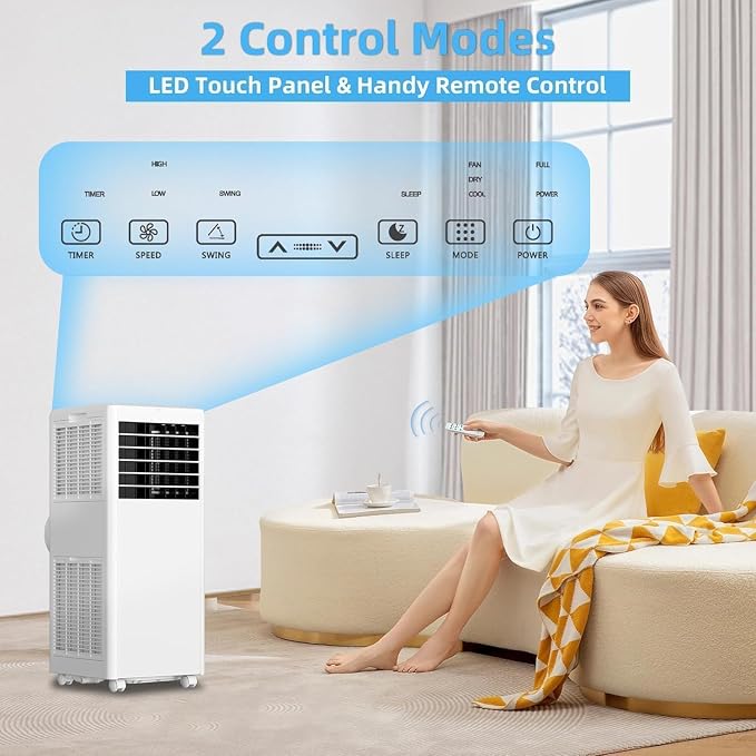 8000 BTU Portable Air Conditioner – 3-in-1 AC Unit with Cooling, Dehumidifier & Fan, Quiet Operation, 24H Timer, Remote Control & Window Kit – Covers Rooms Up to 350 Sq ft – White