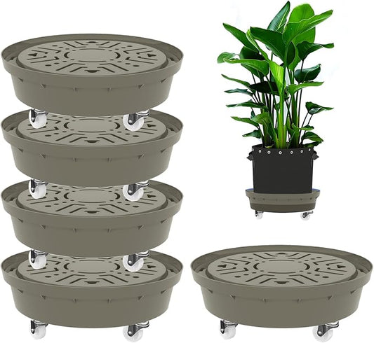 Self-Watering Base with Visible Water Level,5-Pack,Keeps Leaves and Flying Insects Out,Maintains Water Quality, Equipped with Rollers for Easy Movement and Rotation, Brown.