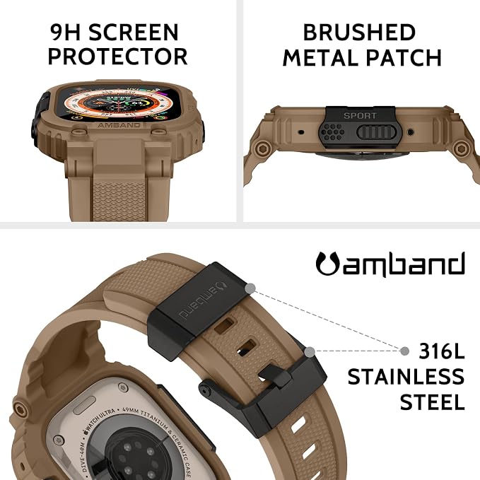 amBand for Apple Watch Ultra 3/2/1 Screen Protector, M1 Sport Series Tough Case Fits iPhone Ultra Watch Bands 49mm, Outdoor Activities Essential Full Body Protection for Hiking Cycling - Desert Tan