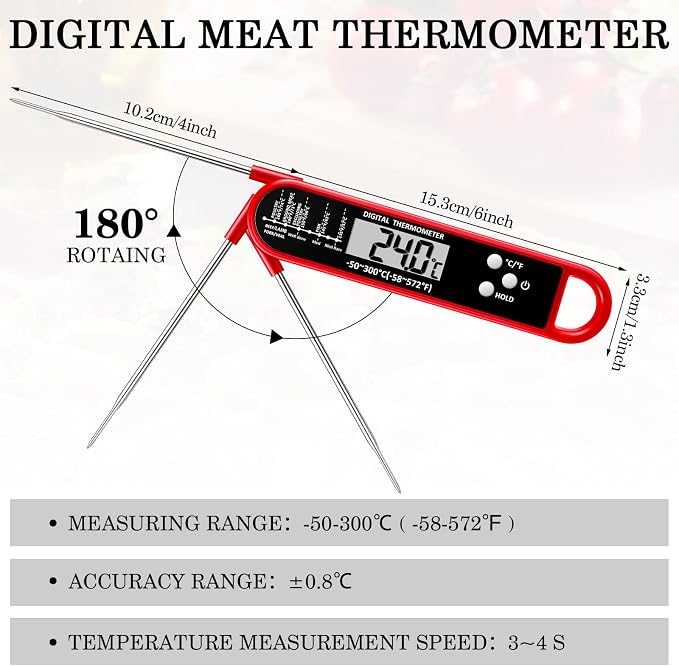 Xuhal 6 Pcs Digital Meat Thermometer for Grill Instant Read Food Thermometer Waterproof with Long Probe Magnet Foldable for Cooking BBQ Party Kitchen Turkey Fry Baking Candy