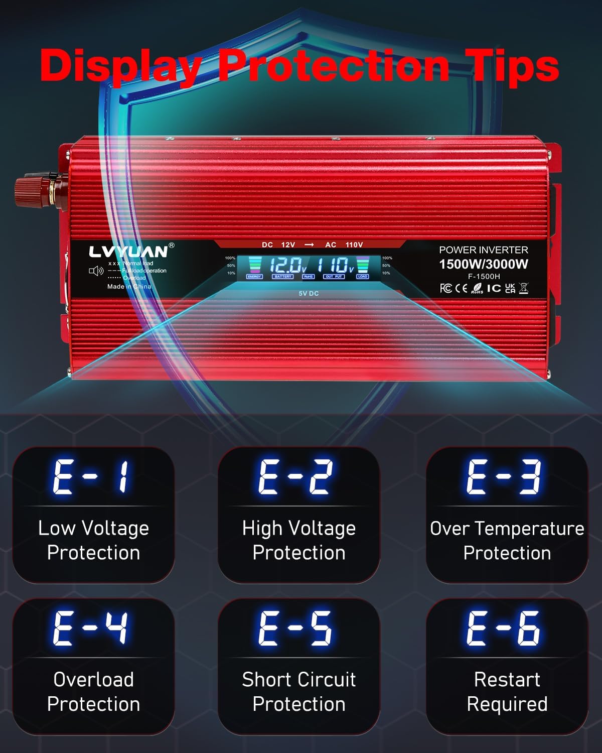 LVYUAN 1500W Car Power Inverter 12V to 110V DC to AC with 2 US Sockets, Cigarette Lighter, LCD Display, USB Ports for Car, Home, Truck, Outdoor, Camping