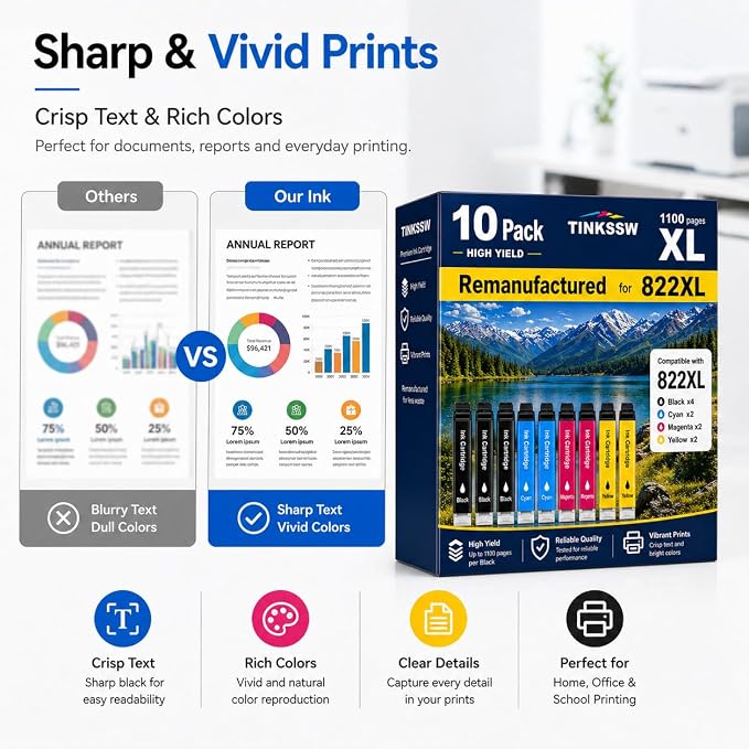 Remanufactured for Epson 822XL Ink Cartridges Replacement for 822 XL for Workforce Pro WF-3820 WF-3823 WF-4820 WF-4830 WF-4833 WF-4834 Printer 10 Pack