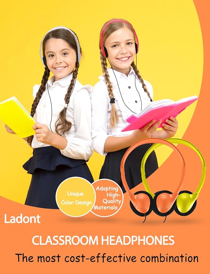 100 Pack Classroom Headphones Bulk for Students Kids Schools, Wholesale Wired Multi Color 3.5mm On Ear Class Set Headphones for Library Chromebook Laptop PC Computer