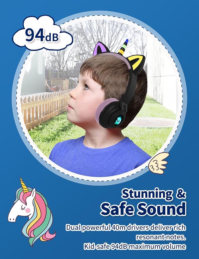 Unicorn Headphones for Girls,Bluetooth Unicorn Headphones Toddler School Laptop Cellphones Plane use, Light Up Wireless Kid Headphone Birthday Gifts (Black)