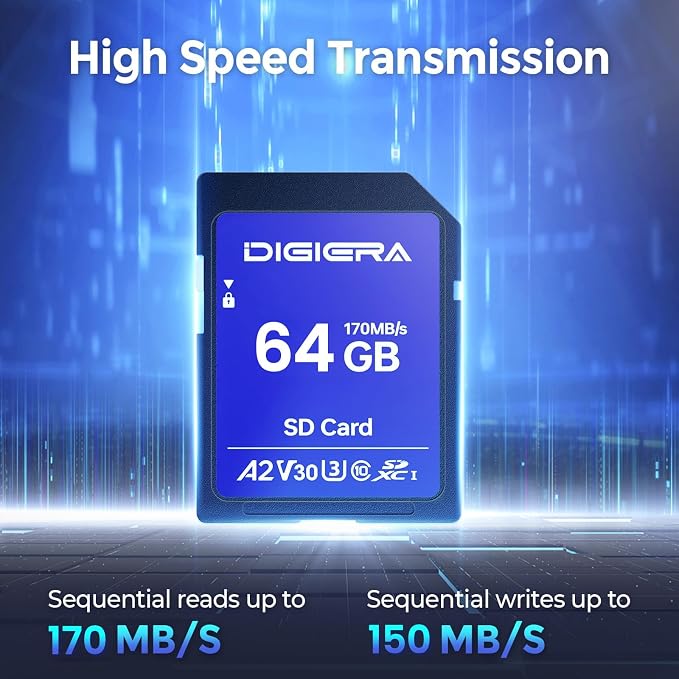 DIGIERA 64GB LS100 SDXC UHS-I Memory Card - up to 170MB/s, C10, U3, V30, 4K UHD, SD Card for Computers, Digital Cameras, Home Theatre Devices, Car Navigation Systems (1 Pack)