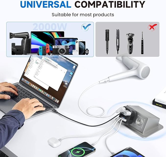 DOACE 2000W 220V to 110V Converter for European Travel for Hair Dryers, Voltage Converter US to Europe with Fast Charging Power Converter Adapter Combo with 4 USB Ports Step Down Transformer