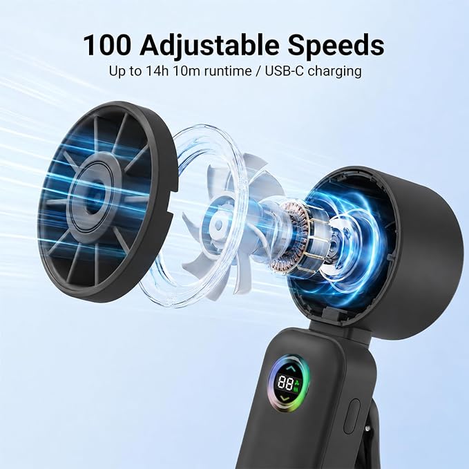 Clip-On Portable Fan with Misting, 4000mAh Up to 12H Battery Life Hand Mini Foldable Fan, 360° Rotating USB Rechargeable Turbo Quiet Stroller Fans for Travel Outdoors and Office Use (Black)