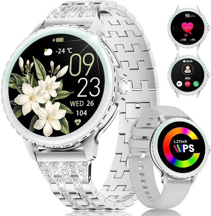 SUNKTA Smart Watch for Women (Answer/Make Call),1.27" Curved Display Smartwatch with Female Cycle/Sleep Monitor,5ATM Waterproof Fitness Tracker 100 Sport Modes Pedometer for Android/iOS,Silver