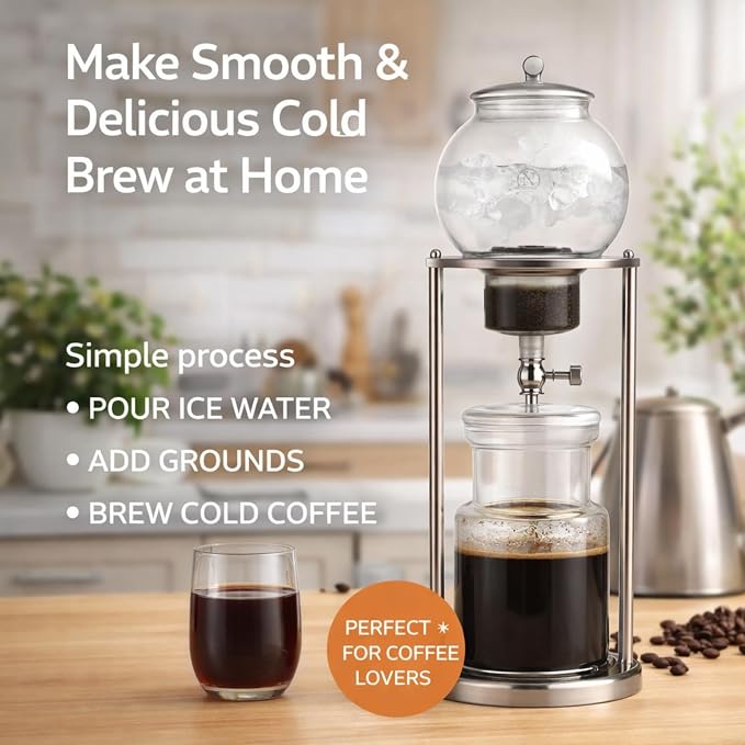 Nispira Luxury Ice Cold Brew Dripper Coffee Maker in Stainless Steel and Borosilicate Glass, 1000 ml Silver