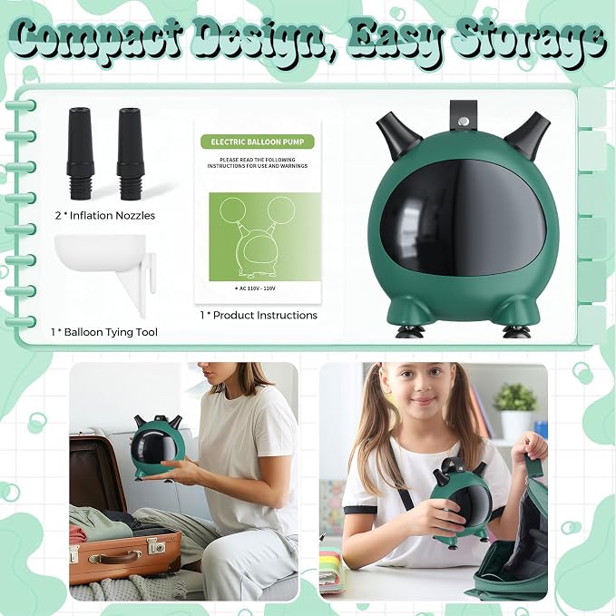 Togvu Balloon Pump Electric, Portable Balloons Inflator Air Pump with 2 Nozzles, Small Balloon Blower Machine 600W for Latex Garland Arch and Foil Balloons