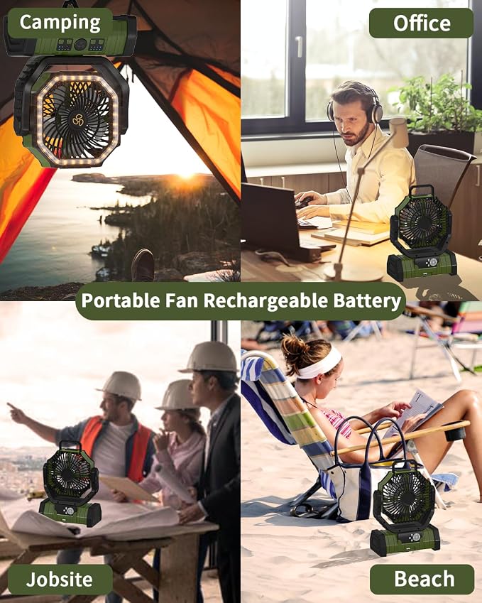 ADUST Camping Battery Powered Fan with LED Light 20000mAh Rechargeable Portable, Oscillating Cordless USB Desk Fan with Rotation Hanging Hook for Tent, Canopy, Beach, Outdoor Travel(Green)