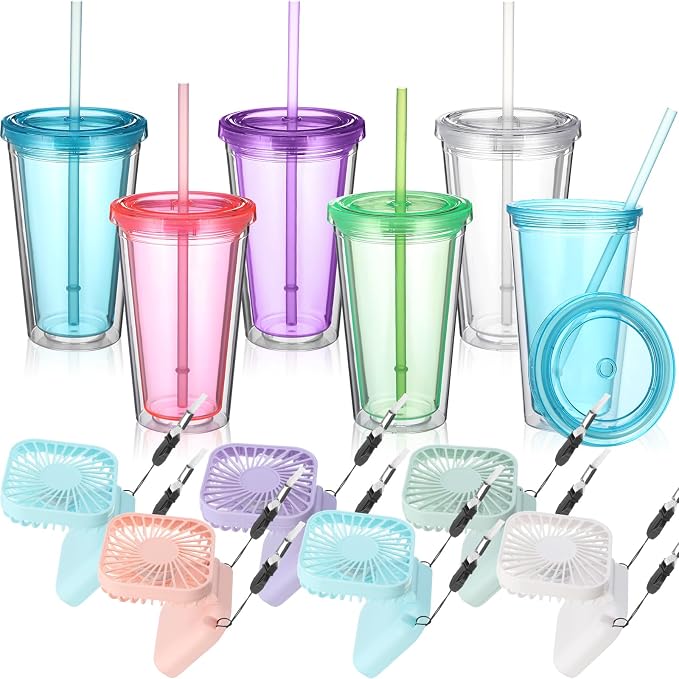 Skylety 12 Pcs Necklace Fans and Insulated Tumbler Set Portable USB Handheld Mini Necklace Fan with 3 Speed and 16 oz Insulated Double Wall Plastic Cups with Lid Straw for Women Men Summer Travel