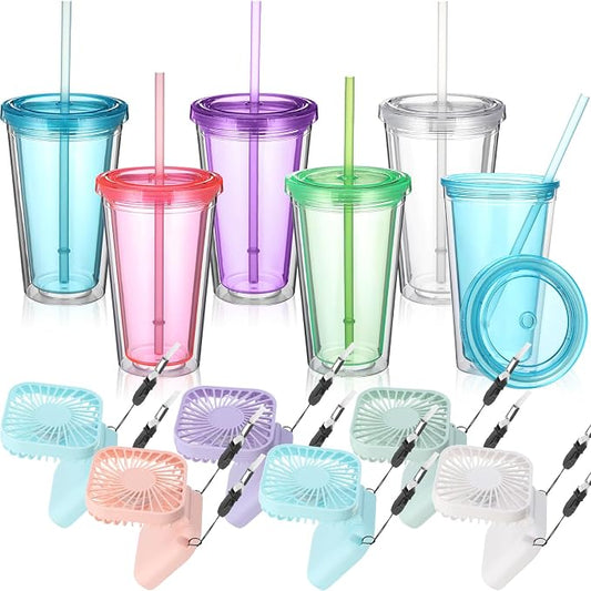 Skylety 12 Pcs Necklace Fans and Insulated Tumbler Set Portable USB Handheld Mini Necklace Fan with 3 Speed and 16 oz Insulated Double Wall Plastic Cups with Lid Straw for Women Men Summer Travel