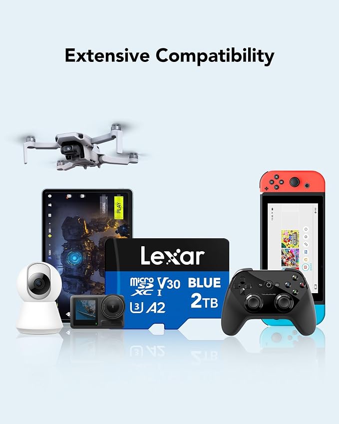 Lexar 2TB Blue Micro SD Card Up to 160MB/s, microSDXC UHS-I Memory Card with SD Adapter, C10, U3, A2, V30, Full HD, 4K UHD, High Speed TF Card